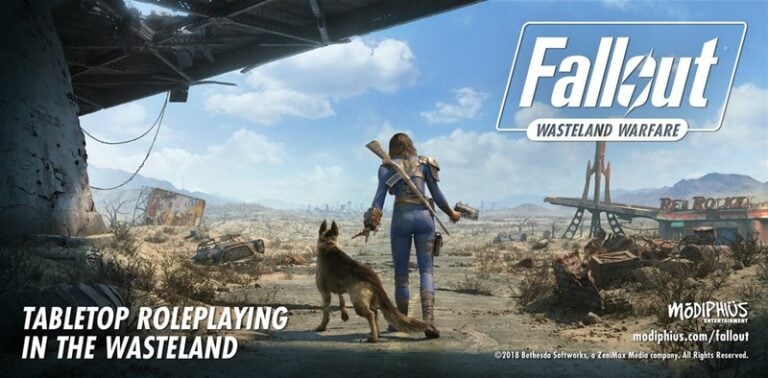 A person in a blue jumpsuit and a dog stand in a desolate, post-apocalyptic landscape. The sky is cloudy, and wreckage is scattered across the ground. Text reads "Fallout Wasteland Warfare" and "Tabletop RPG by Modiphius—Roleplaying in the Wasteland.