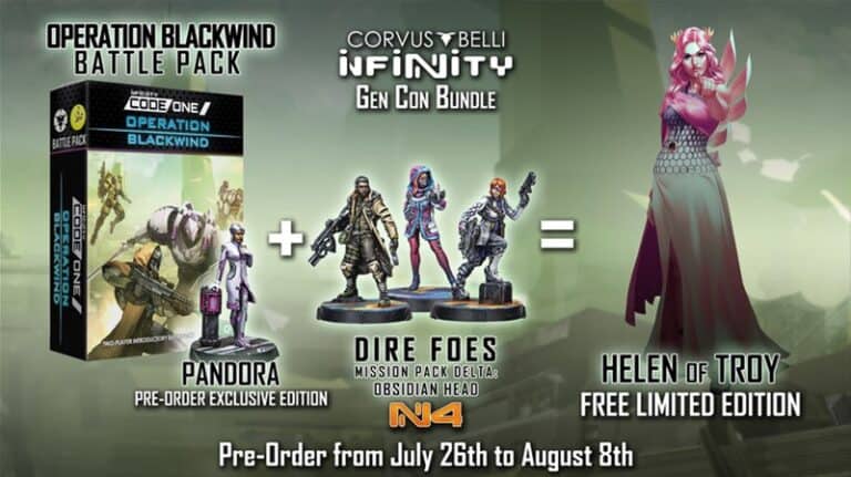 Discover the "Infinity" Gen Con Bundle by Corvus Belli, featuring the Operation Blackwind Battle Pack and Dire Foes Mission Pack Alpha. Get your hands on a limited edition Helen of Troy mini. Pre-order from July 26th to August 8th and dive into the world of CodeOne adventures!