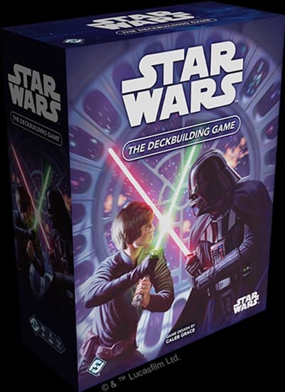 The box cover of "Star Wars: The Deckbuilding Game" showcases a thrilling lightsaber duel. One character wields green, the other red, set against a vibrant cosmic backdrop. Dive into this epic clash, crafted with precision by Fantasy Flight's expert designers.
