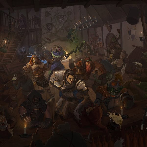A dynamic fantasy tavern scene unfolds under the dim glow of candles at the Green Oak, where warriors, elves, and orcs are locked in a lively brawl. Furniture is overturned as this mantic chaos echoes the energy of a Dungeon Saga Adventure come to life.