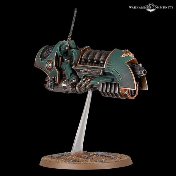 A detailed model of a sci-fi spacecraft from the Sky-hunter Squadron, boasting a green and metallic color scheme with intricate mechanical designs. It is mounted on a display stand with a textured base, evoking the desert-like terrains familiar to fans of The Horus Heresy by Games Workshop.