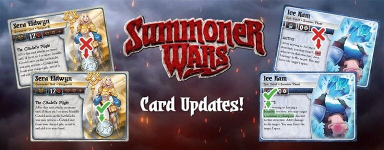 The image showcases a Summoner Wars game update by Plaid Hat. On the left, two cards for "Sera Eldwyn" display their text and stats. To the right, two "Ice Ram" cards reveal varied stats. A dark background with orange sparks highlights the bold "Cards Update!" text.