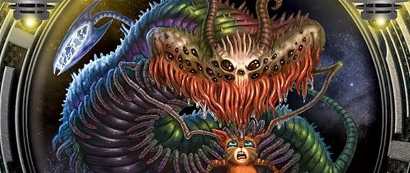 Amidst a starry space backdrop, framed in metallic splendor, looms a colorful alien with horns and multiple eyes—a scene reminiscent of Cosmic Encounter. The futuristic tableau captures the suspense as the small humanoid creature stands frozen in fear before this otherworldly presence.