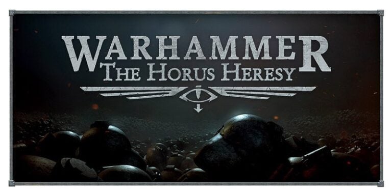 A striking poster displays the bold text "Warhammer The Horus Heresy" in white against a dark backdrop, adorned with silhouettes of helmets and armor. Beneath the words, an eye symbol stands out, hinting at Games Workshop's captivating release roadmap.