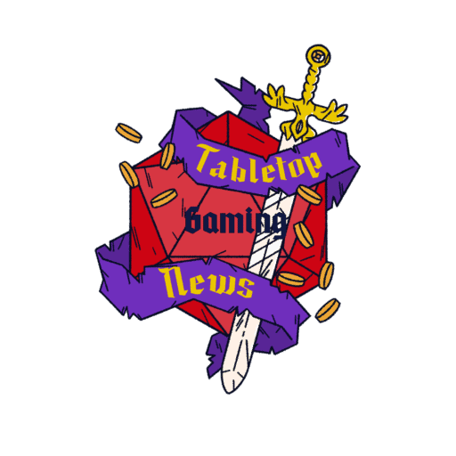 A logo for "Tabletop Gaming News" featuring a red 20-sided die, a sword, and a purple banner with text. The sword is placed diagonally across the die, and small, golden coins are scattered around.