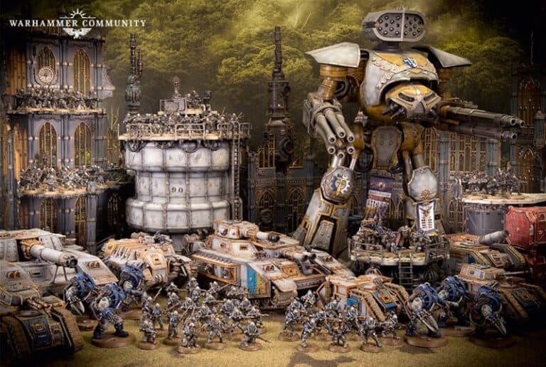 A scene featuring Warhammer miniatures from the Horus Heresy collection, with a large robot, various armored vehicles, and infantry units. They are set against a backdrop of gothic architecture and a forest by Games Workshop. The scene conveys a sense of strategy and battle readiness.