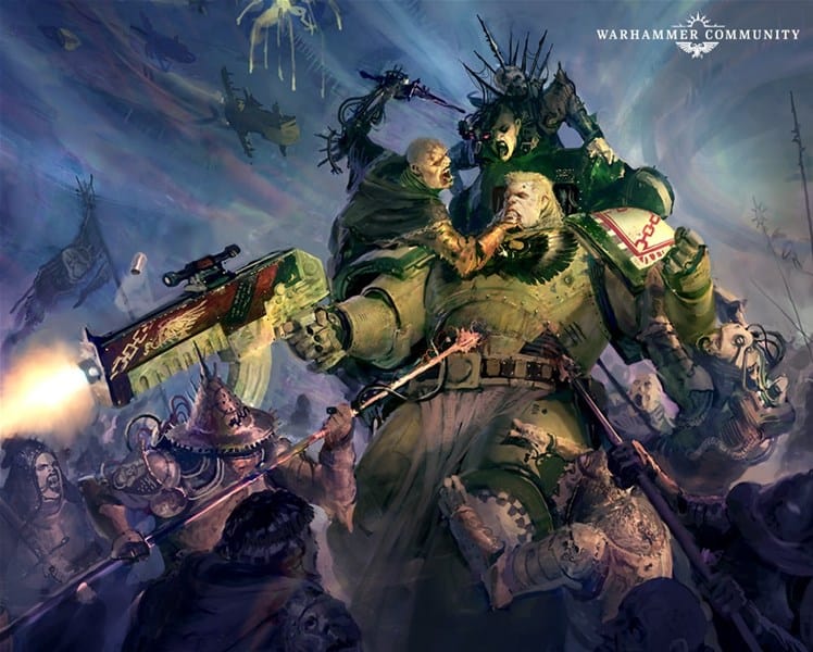 A dramatic battle scene unfolds with a colossal armored warrior wielding a chainsaw sword, surrounded by various armored figures. Amidst the chaos and intensity, the sky churns with dark clouds and silhouettes of flying vessels—a tableau worthy of Black Library submissions.