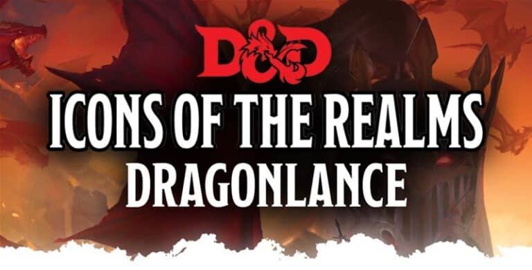 The cover image for "Dungeons & Dragons: Icons of the Realms Dragonlance" showcases striking dragon graphics and bold white text against a fiery backdrop, announcing the latest Dragonlance Miniatures from WizKids.