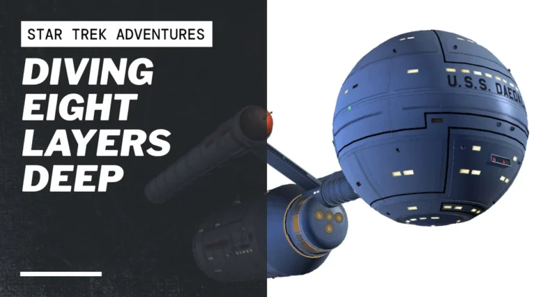 A promotional image for Star Trek Adventures showcases the text "Diving Eight Layers Deep" on the left and a uniquely spherical spacecraft, labeled "U.S.S. Diemos," on the right. This standalone adventure comes alive against a pristine white backdrop.