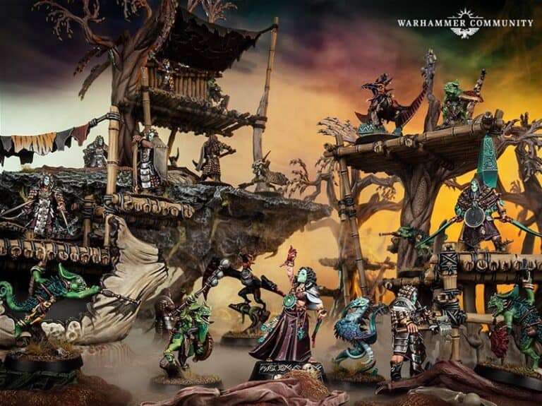 In a captivating jungle setting, Warcry Minis bring the scene to life with detailed figures in dynamic poses. Structures and platforms are expertly crafted into trees, showcasing vibrant colors and intricate designs. Mist and a gradient sky enhance the atmospheric backdrop of this Games Workshop masterpiece.