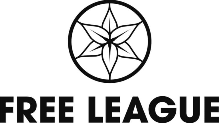 The black and white logo of Free League, creators of The Walking Dead RPG and Lord of the Rings Roleplaying, showcases a stylized flower or star design within a circle above the text "FREE LEAGUE.