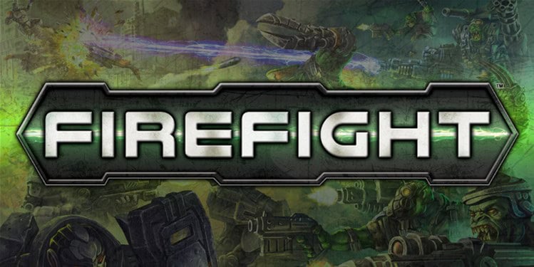 A vivid graphic showcases "Firefight" in bold metallic letters, set against a backdrop of futuristic soldiers locked in battle. Clad in mantic high-tech armor, they maneuver amidst explosions and energy beams, embodying the intense spirit of Deadzone warfare.