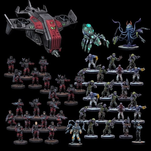 Explore a captivating collection of Mantic Games' miniature sci-fi figures, featuring the Mazon Labs Strike Force. This ensemble includes a spaceship, alien creatures, and human soldiers, all painted with vibrant colors and intricate details against a stark black background.