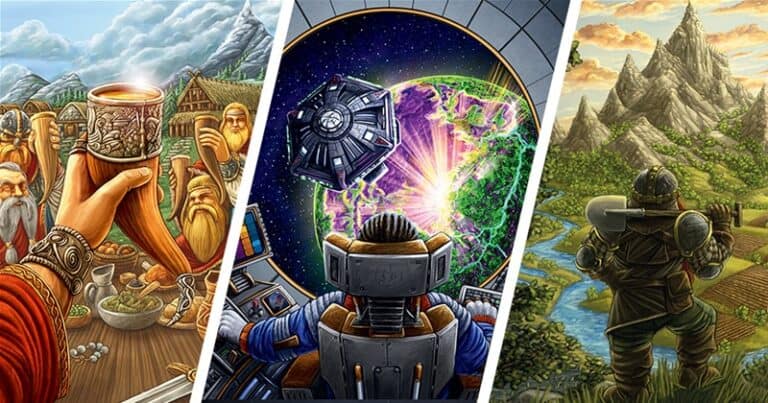 A triptych image: left shows a medieval feast, reminiscent of scenes often depicted in French rights' manuscripts, with a hand holding a horn; the middle features a spaceman observing a cosmic explosion; the right portrays a warrior overlooking Z-Man Games' inspired landscape with rivers and fields.