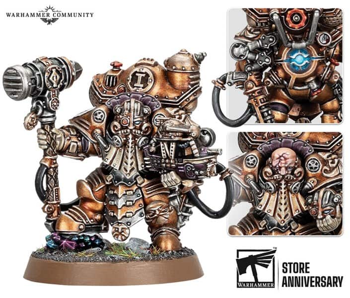 A detailed miniature of a heavily armored warrior with intricate copper and silver designs, perfect for any Games Workshop enthusiast. The figure wields a large hammer and features elaborate machinery and tubing. Two inset images highlight the intricate abdomen details and helmet insignia.