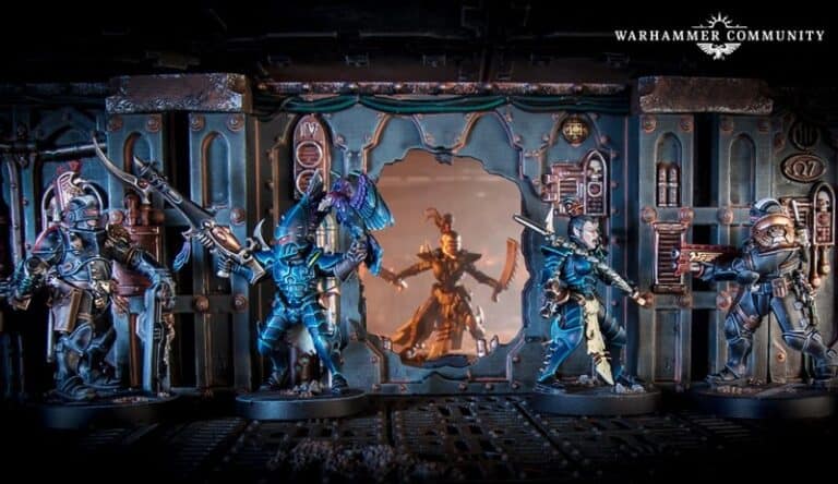Miniature models of futuristic soldiers are positioned in a detailed sci-fi setting, evoking the tense atmosphere of a Space Hulk. The scene features a central figure behind a large window and multiple figures in dynamic poses in the foreground, all clad in metallic armor.