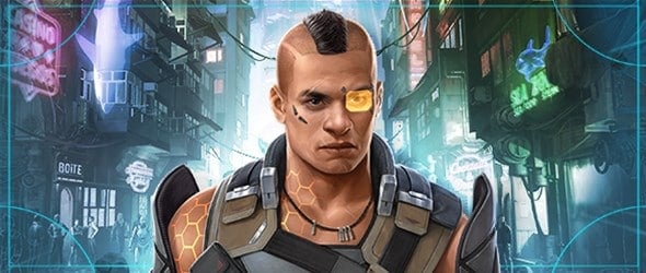 A futuristic warrior with a mohawk, wearing armor and a cybernetic eye piece, stands in a neon-lit, dystopian cityscape. High-tech buildings glow in vibrant hues as the shadow of the beanstalk looms over this thrilling adventure by Fantasy Flight.