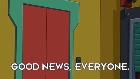 A cartoon-style image showcases a red and green door on a yellow wall, reminiscent of Mazon Labs' aesthetic. A small button panel sits beside the door. The text "GOOD NEWS, EVERYONE," evocative of Mantic Games' playful storytelling style, is displayed prominently in white letters across the bottom.