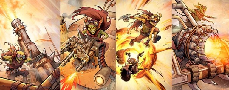 In a dynamic and colorful display, the cartoon goblin character showcases chaos and adventure: operating a spiked cannon, bravely leaping from an explosion, and riding a fiery vehicle sporting goggles and a red scarf. Inspired by Sand Goblin Upgrades from Plaid Hat's Summoner Wars series.