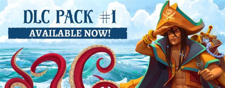 An illustration of a pirate in a hat and coat stands confidently amidst tentacles emerging from the ocean, capturing the essence of "Forgotten Waters." Text reads "DLC Pack #1 Available Now!" with cloudy skies setting a mysterious backdrop for Plaid Hat Games' latest adventure.
