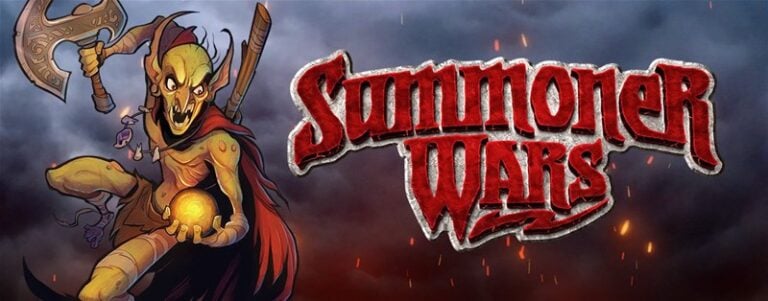 A goblin-like creature clutching a glowing orb stands menacingly, as the bold red and gray text "Summoner Wars" from Plaid Hat Games' 2nd Edition is prominently displayed to the right against a dark, cloudy backdrop, evoking an intense fantasy battle theme.