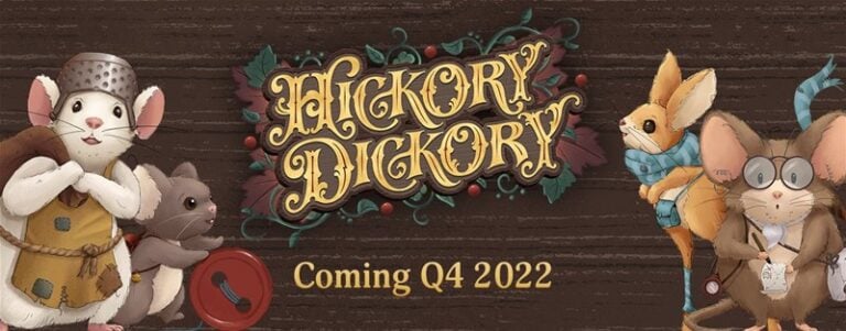 Illustrated poster for the "Hickory Dickory" board game by Plaid Hat Games, featuring three anthropomorphic mice in varied costumes like armor and glasses. The text reads "Coming Q4 2022" over a dark brown background with floral accents.