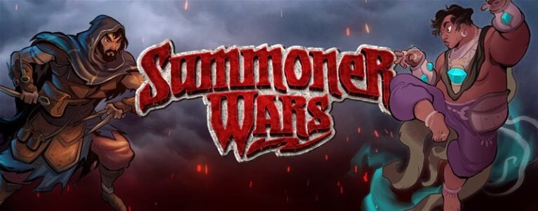 An illustration showcases two fantasy characters preparing to duel in a thrilling Preview of Summoner Wars. On the left, a hooded warrior clutching a dagger faces off against a mage on the right, who wields glowing blue crystals. The title "Summoner Wars" is emblazoned in bold red letters between them.