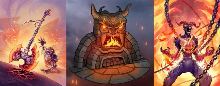 A triptych of fantasy scenes: a fiery axe wielded by an armored hand, a stone furnace with a demonic face emitting flames, and an Obsidian Dwarves' horned demon wreathed in chains amidst swirling fire.