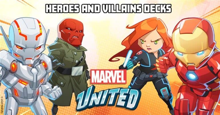 An illustration featuring four animated characters from CMON's Marvel United captures the excitement of Hero Decks gameplay. It includes a robotic figure, a red-faced villain, a red-haired woman with a baton, and an armored hero. The text "Heroes and Villains Decks" adorns the top, with the Marvel United logo in the center.