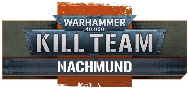 The logo for "Warhammer 40,000: Kill Team Nachmund," crafted by Games Workshop, presents bold, metallic text on a dark background with an orange rectangle.