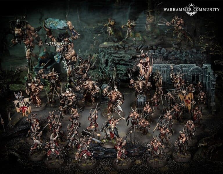 A detailed scene of Warhammer miniatures features warriors and Beasts of Chaos in battle-ready poses. The figures, from Games Workshop's Age of Sigmar, are painted with intricate details, set against a dark, rocky terrain backdrop with ruins.