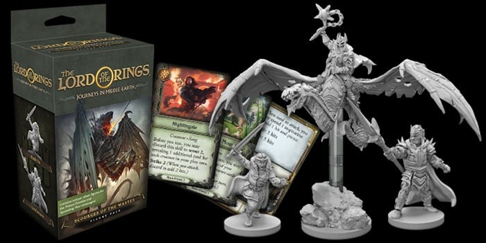 Box of "The Lord of the Rings: Journeys in Middle-earth" game by Fantasy Flight, featuring detailed miniature figures and artful cards. Includes a winged creature and two characters on a black background. Perfect for enhancing your adventure with engaging DLC content.
