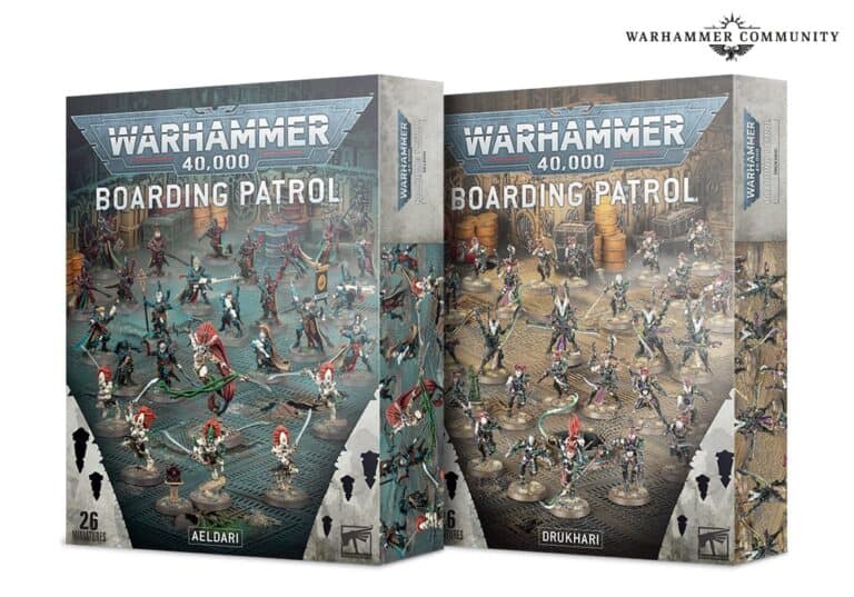 Two Boarding Patrol Boxes of Warhammer 40,000 miniatures: the left showcases "Aeldari," while the right features "Drukhari." Each box displays intricate artwork of their armies. The top right corner bears the iconic Warhammer Community logo.