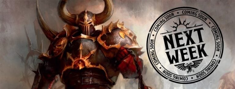 A warrior in dark, ornate armor with large horns stands against a misty background. The scene, reminiscent of epic battles in Games Workshop previews, features a circular stamp on the right that reads "NEXT WEEK," surrounded by repeated "COMING SOON" text.