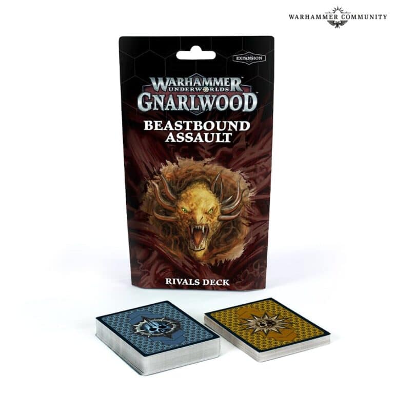 A package labeled "Warhammer Underworlds Gnarlwood: Beastbound Assault Rivals Deck" is displayed, promising strategic battles. Two decks of cards—one showcasing a blue and black design, the other adorned in yellow and black—introduce Aggressive Wildlife Tactics to elevate your gameplay.