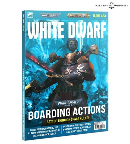 Cover of White Dwarf Magazine, Issue 484. Showcases an illustrated warrior in futuristic armor wielding a weapon among diverse characters. Highlights include "Boarding Actions," "Battle Through Space Hulks," and content like new missions, rules, background info, and the Corrupted Ark of Omen saga.