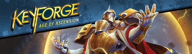 Illustration of a knight in ornate armor with outstretched arms. The text reads "KeyForge: Age of Ascension" in bold, stylized letters against a backdrop of stormy skies and a glowing halo, highlighting this epic Fantasy Flight Games expansion.