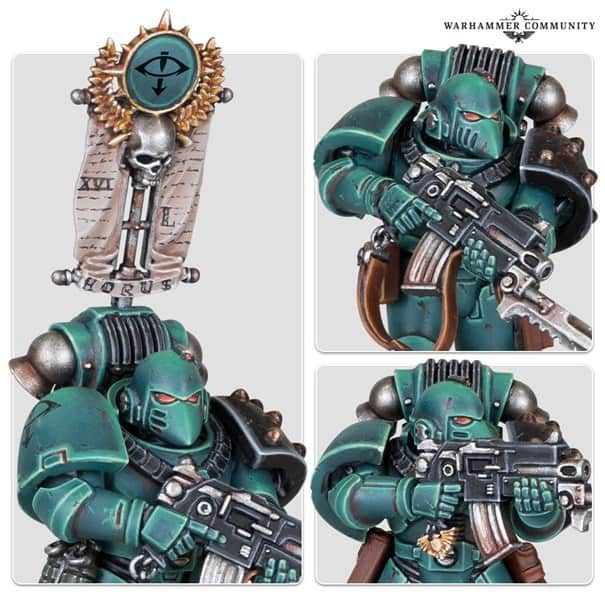Miniature figures of Beakie Marines clad in teal armor with spikes are on display. One holds a rifle, while another is pictured twice wielding a similar weapon. An ornate standard from Games Workshop, featuring a skull and eye symbol, is shown in a separate close-up.