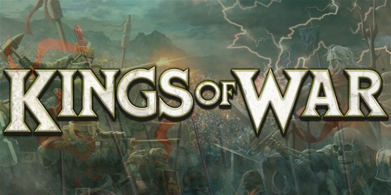 The "Kings of War" title, styled in a large, medieval font, dominates a fantastical battle scene featuring an Ambush Army. Soldiers wield weapons under a stormy sky filled with lightning, embodying the epic spirit seen in Mantic Posts.