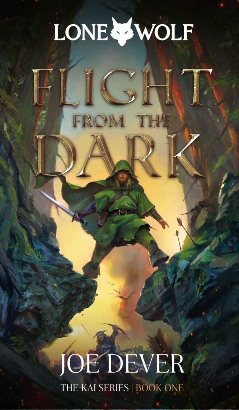 Cover of "Flight from the Dark" by Joe Dever. A figure in green, wielding a sword, stands in a forested landscape. The title shines in large gold letters, with "Lone Wolf" and "The Kai Series | Book One" also noted, evoking the excitement of a classic Lone Wolf Gamebook paperback.