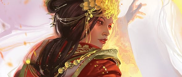 A person in an ornate red and gold outfit, reminiscent of the Legend of the Five Rings, adorned with decorative accessories and a floral headpiece, glances over their shoulder. The background is a soft blend of light colors, adding an ethereal glow to this Fantasy Flight-inspired scene.