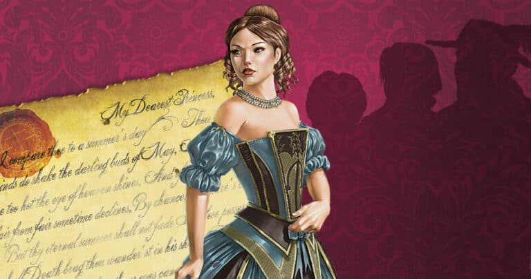 A woman in a period costume stands confidently against a backdrop of elegant script and red floral wallpaper, resembling the setting of a lost Love Letter. Three shadowy figures linger in the background, adding a mysterious element to the scene.