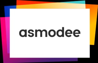 The image captures the Asmodee logo with its name "asmodee" in lowercase black letters centered on a white background. Behind this, a colorful gradient of overlapping rectangles in blue, pink, purple, orange, and yellow creates a dynamic effect that seems to defy May 1st’s usual blues.