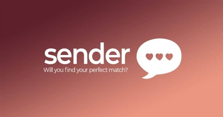 Sleek logo for Sender app showcasing a stylized speech bubble with three heart icons on a gradient brown background. Text reads: 'Will you find your perfect match?'. Inspired by the playful romance of Love Letter.
