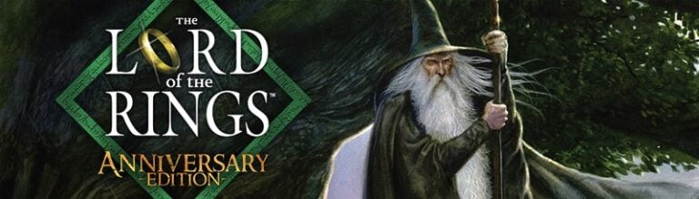 Illustration of an elderly wizard with a long white beard and hat, holding a staff. He stands under a tree. The text reads "The Lord of the Rings Anniversary Edition" by Fantasy Flight.