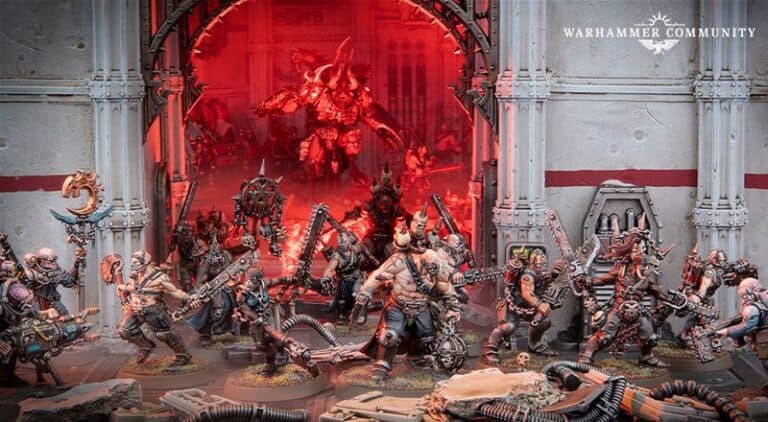 In a gothic, industrial setting, tabletop miniatures crafted by Games Workshop showcase detailed warrior figures and monsters. A glowing red light illuminates the scene with intensity as a large beast looms in the background, evoking the epic 40k fantasy battle atmosphere of Jakhals legends.
