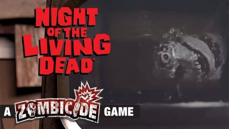 Promotional image for "Night of the Living Dead: A Zombicide Game" by CMON, showcasing bold red and white text on a dark backdrop with a shadowy, eerie figure lurking on the right side.
