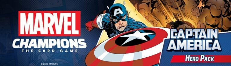 Illustration of Captain America with his shield, amidst explosive action. Text includes "Marvel Champions: The Card Game" and "Captain America Hero Set.