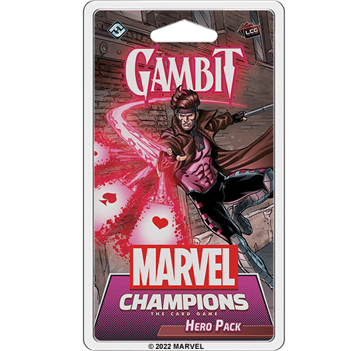 The pack art for the "Gambit Hero Pack" in the "Marvel Champions" card game features Gambit, a key member of the X-Men, in a dynamic action pose. He charges glowing cards with energy against a cityscape backdrop, capturing his iconic flair and power.