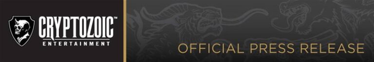 Banner for Cryptozoic Entertainment press release. Logo on the left with a stylized animal face. The text on the right reads "Official Press Release" over a dark background with faint creature outlines, featuring highlights of the Batman Designer Series and Batmobile Statue.